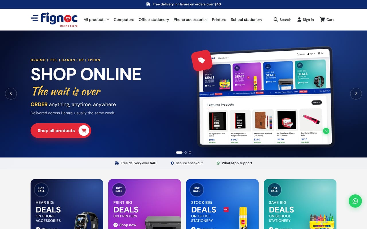 The Fignoc Online store home page, shown on a laptop.