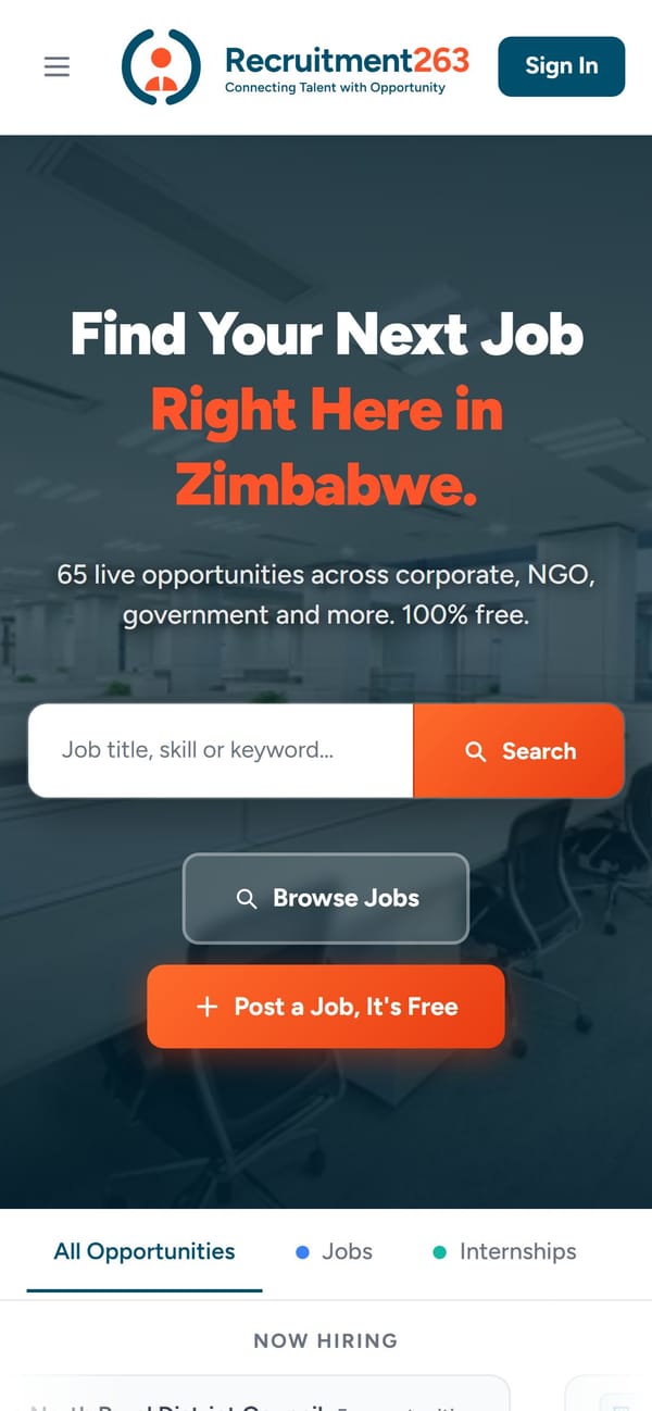 The Recruitment263 job board as it renders on a phone.