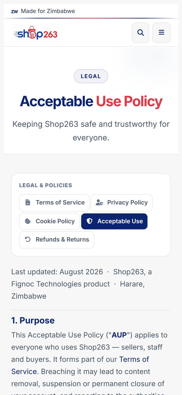 The Shop263 store as it renders on a phone.
