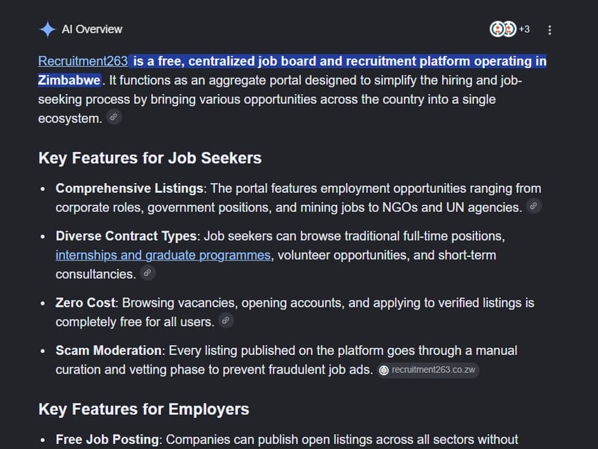 A Google AI Overview citing Recruitment263 by name in its answer.